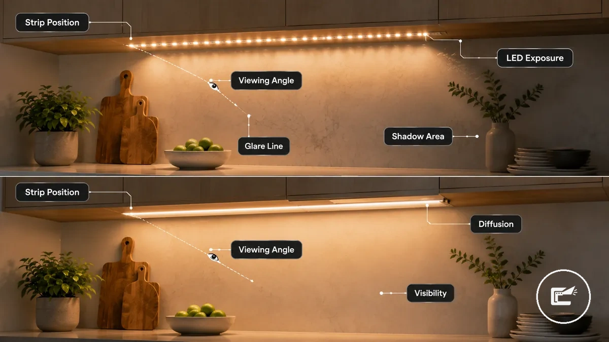 عوامل موضع شريط LED تظهر الرؤية والوهج والظل وزاوية الرؤية والتشتيت