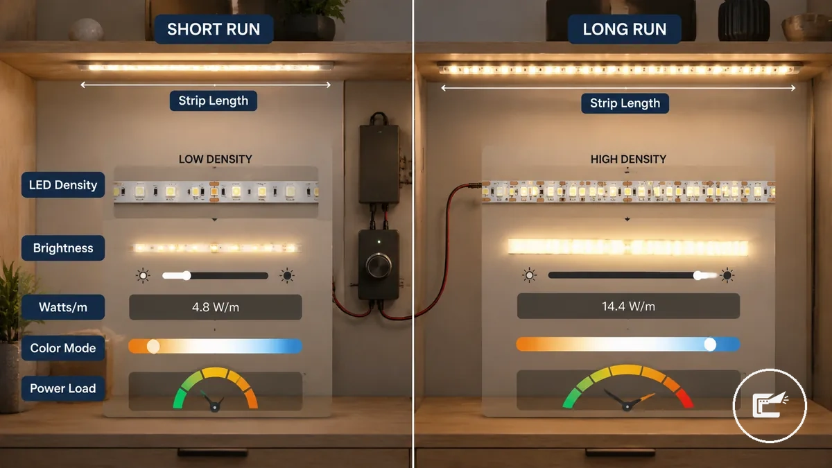 رسم بياني مقارن لعوامل القدرة الكهربائية التي تغير استهلاك طاقة شريط LED، بما في ذلك طول الشريط وكثافة LED