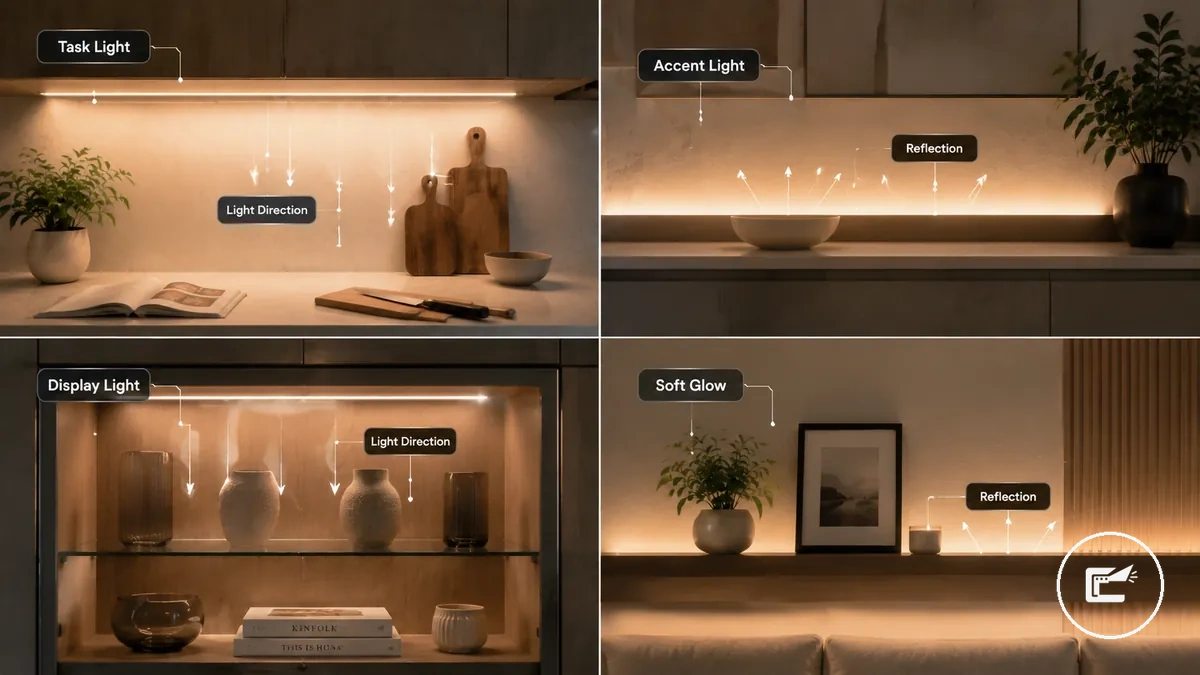 توضيح لموضع شريط LED داخلي يظهر الإضاءة المهمة والإضاءة المميزة وإضاءة العرض والتوهج الناعم