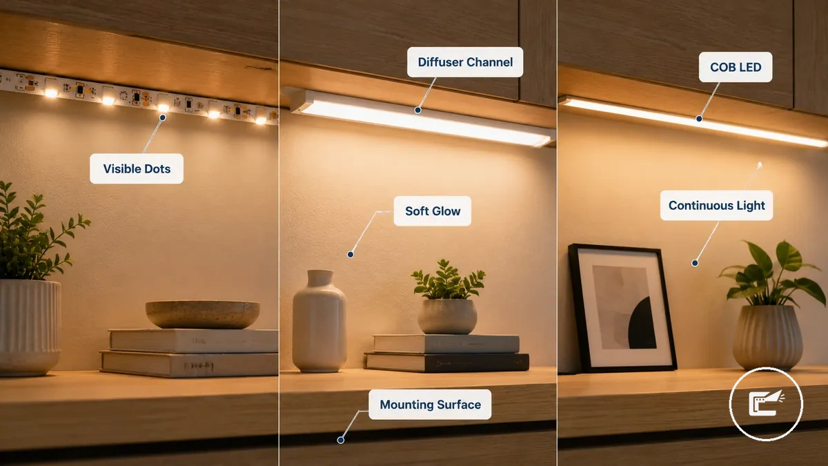 Vergleich von diffusem und COB-LED-Streifenlicht für gleichmäßige Innenraumstimmung auf Schrank- und Regalflächen