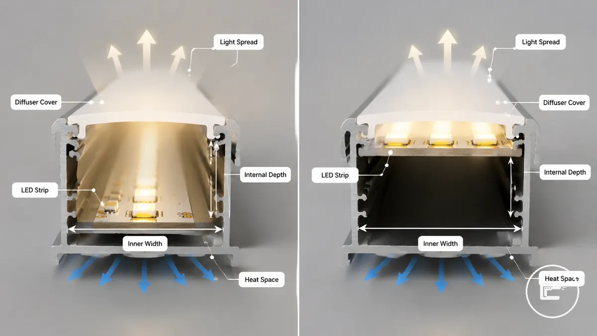 Passform von LED-Streifen-Aluminiumkanal und Diffusor mit Angaben zu innerer Breite, Tiefe und Wärmeraum