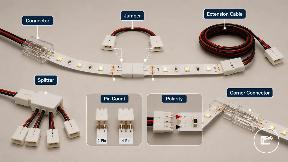 LED-Streifen Verbinder Jumper Verlängerungskabel und Splitter mit Pinanzahl und Polarität gekennzeichnet