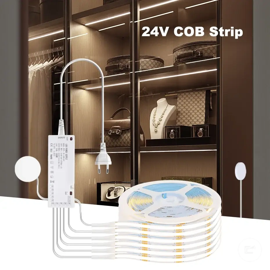 24V COB LED strip with plug, touch dimmer, and adhesive backing for cabinet lighting