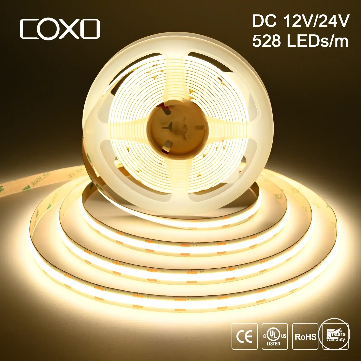 Linear dimmable 12V and 24V COB LED strip with 3000K, 4000K, and 6500K lighting