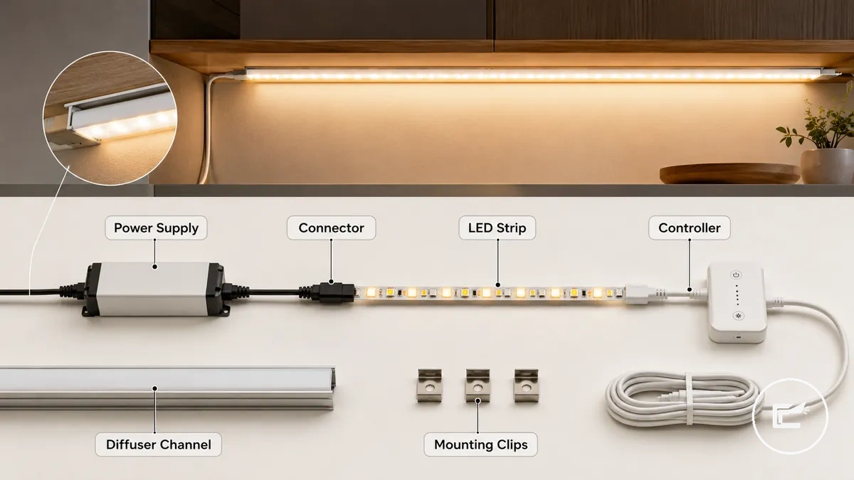 Labeled LED strip lighting kit parts for cabinet lighting including strip, power supply, connector, controller, and diffuser channel