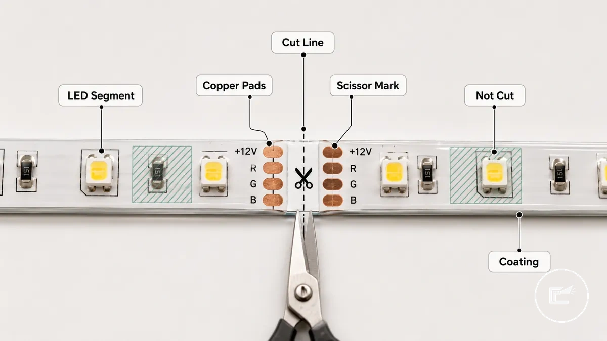 LED strip section showing correct copper pad cut line for cabinet wiring