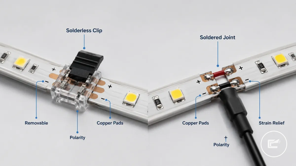Cut LED strips reconnected with solderless connector and soldered joint showing polarity alignment