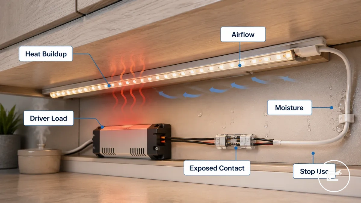 Fire and overheating risk checks for LED strip and cabinet lighting showing airflow, enclosure, heat buildup, and risk points