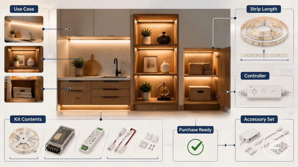 Application and kit scope checklist for cabinet lighting with strip components and accessories