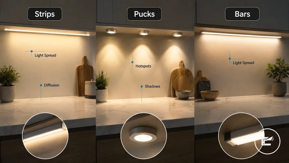 LED strips, puck lights, and light bars compared by light coverage under cabinets