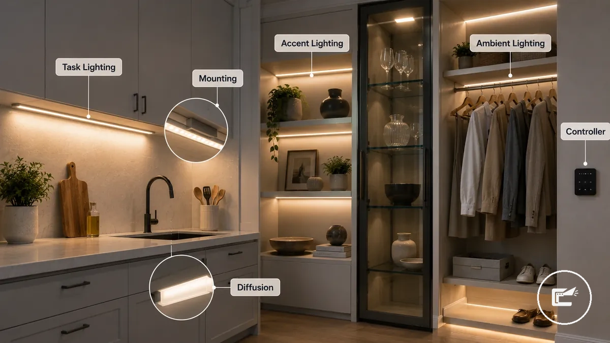 Cabinet lighting examples showing underside mounting, shelves, display areas, controller placement, and light diffusion