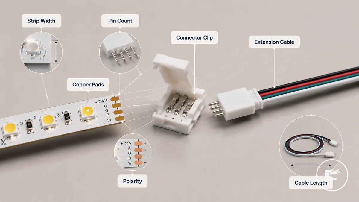 LED strip connector and extension cable compatibility showing strip width pin count and polarity
