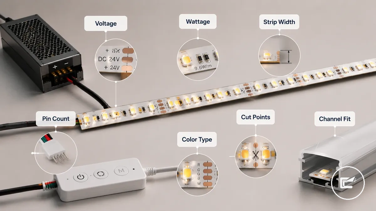 LED strip specifications showing voltage wattage strip width pin count and channel fit