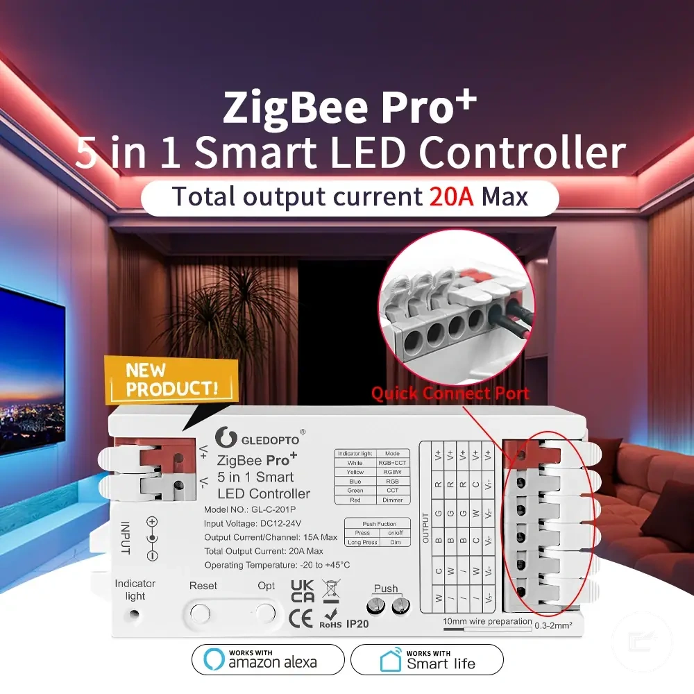 Controlador ZigBee para tiras LED RGB, RGBW, CCT y configuraciones regulables