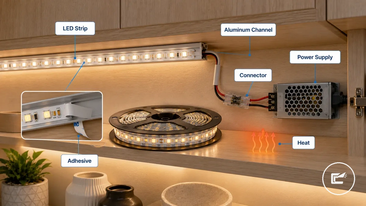 Diagrama que muestra el rollo de tira LED, la fuente de alimentación, el conector, la cinta adhesiva, el canal de aluminio y los componentes del accesorio de armario