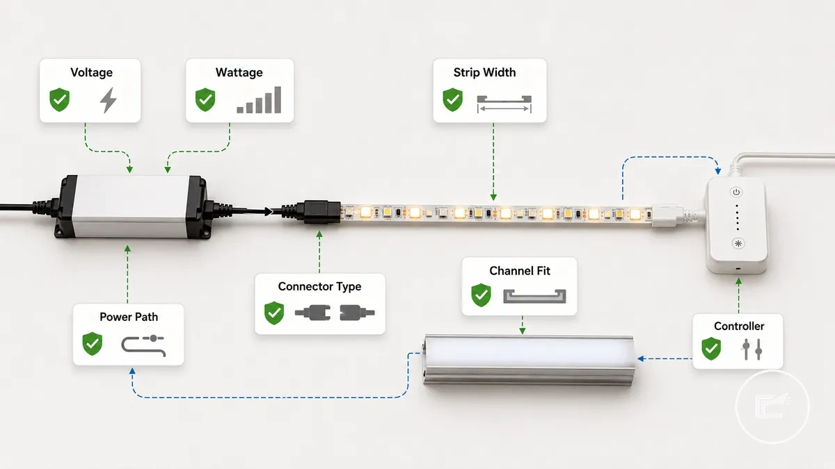 Diagrama de compatibilidad de iluminación con tiras LED que muestra el ajuste de la tira, el conector, la fuente de alimentación, el controlador y el canal difusor
