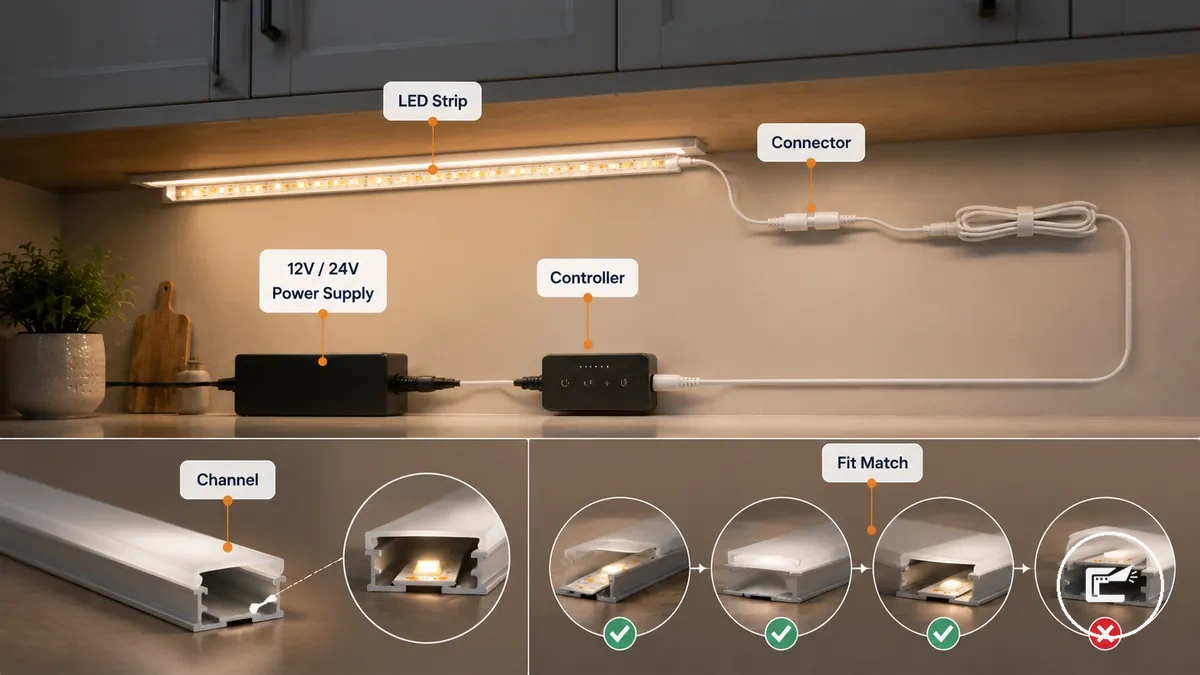 Diagrama de compatibilidad de iluminación de armarios que muestra la tira LED, el adaptador, el controlador, el conector, el canal y las piezas de montaje