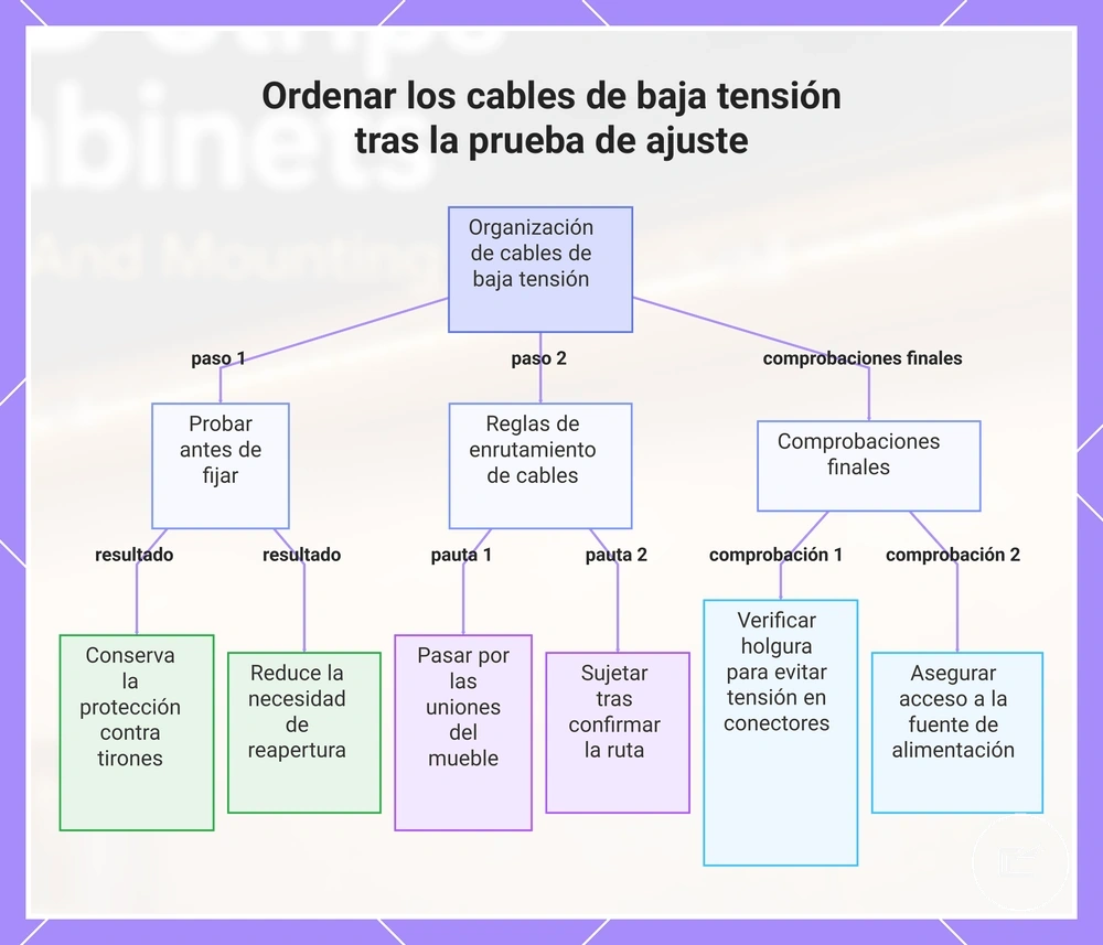 Organización de cables de baja tensión bajo armarios después de probar la tira LED