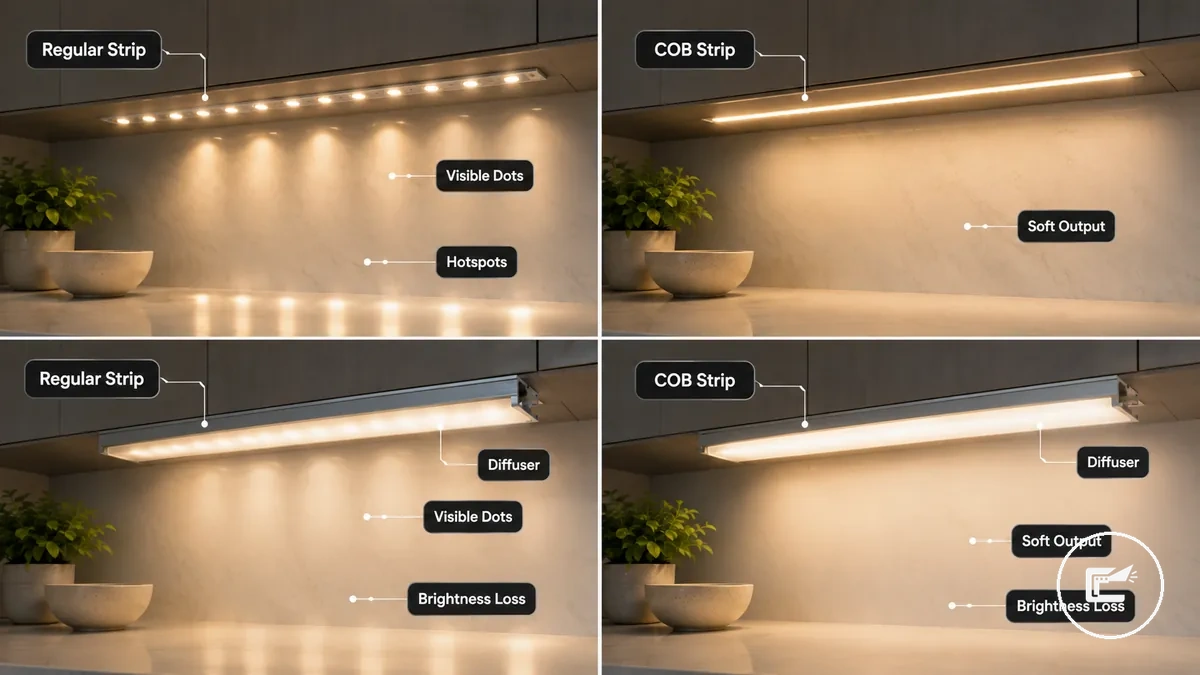 Éclairage LED sous placard comparant les points visibles, le rendu d'un ruban COB et la douceur d'un profilé avec diffuseur