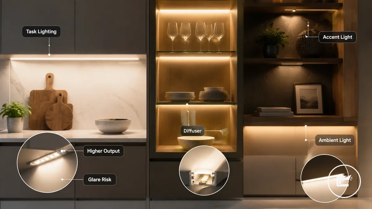 Comparaison de l'éclairage LED sous placard entre la luminosité de travail et la lumière d'ambiance plus douce