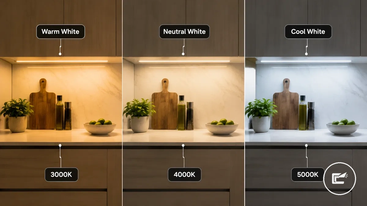 Éclairage LED sous placard montrant les différences de température de couleur entre blanc chaud, neutre et froid
