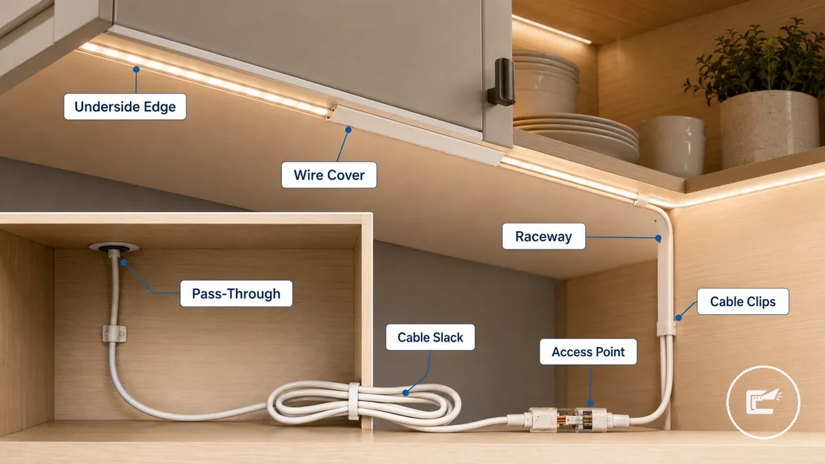 Fils de rubans LED cachés sous un placard avec cache-fil et clips de câble tout en laissant l’accès aux connexions