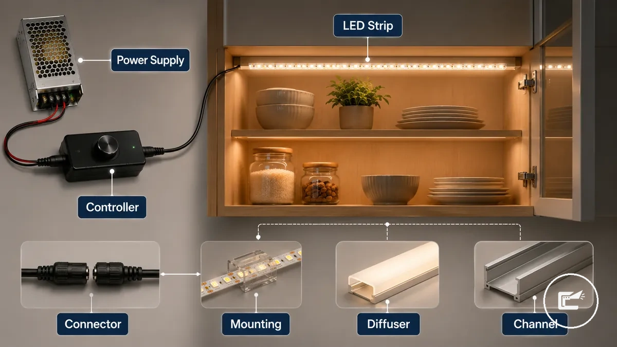 Principaux composants d une installation de ruban LED et d éclairage de placard étiquetés par fonction