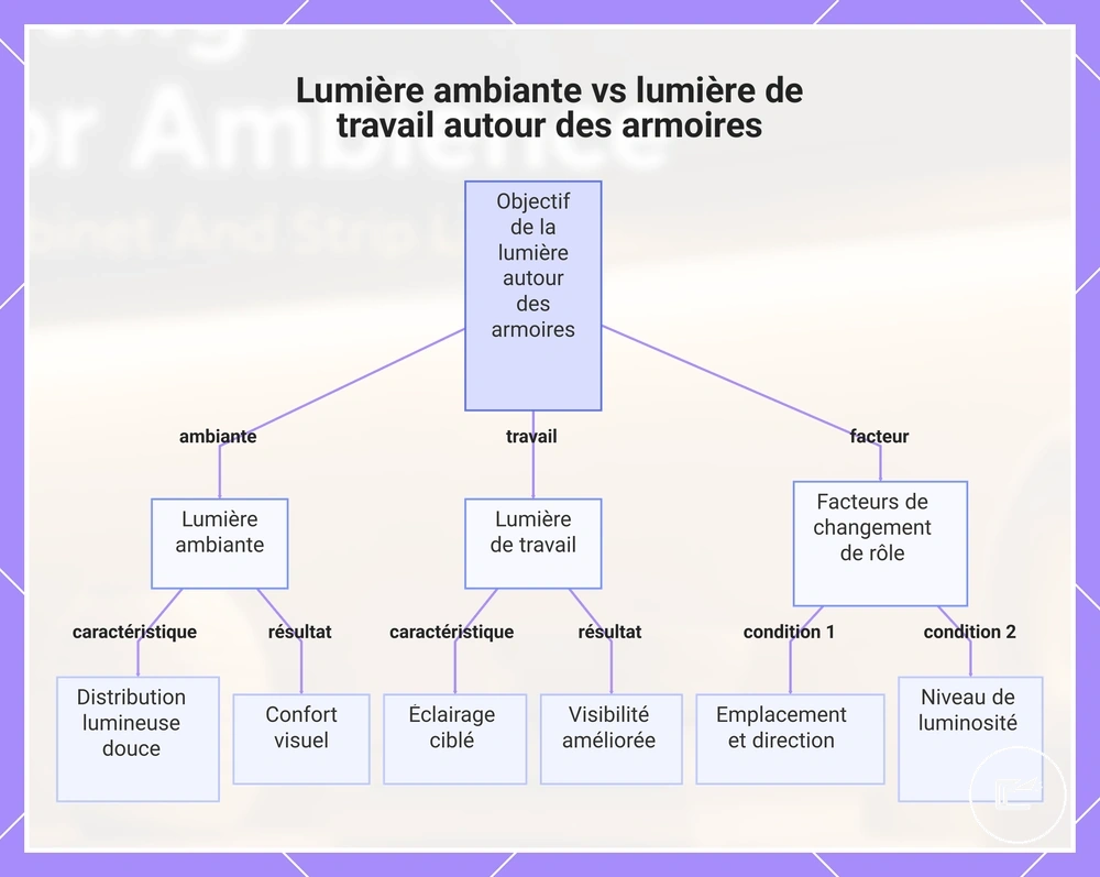 Comparaison entre lumière ambiante et lumière de travail autour des placards
