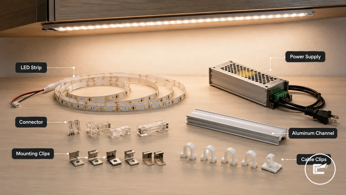 Composants d’installation d’un ruban LED sous un placard