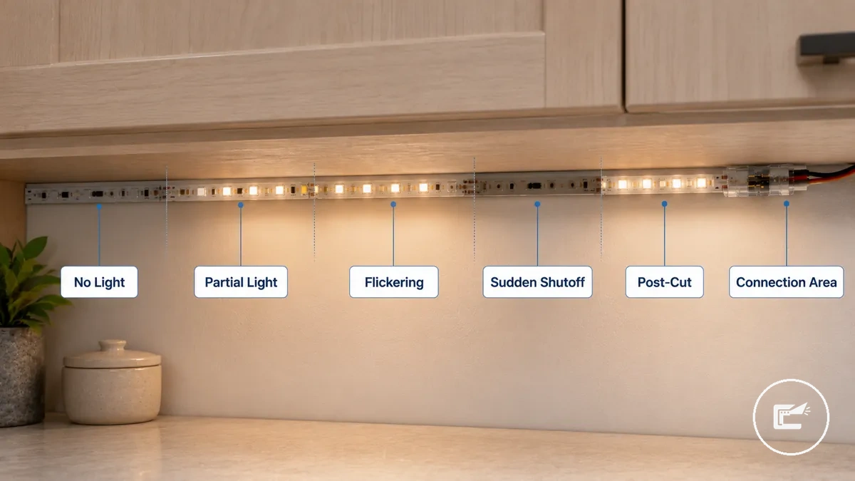 Symptômes de panne avant de tester un ruban LED montrant l'absence de lumière, une lumière partielle, des scintillements et une panne après connexion