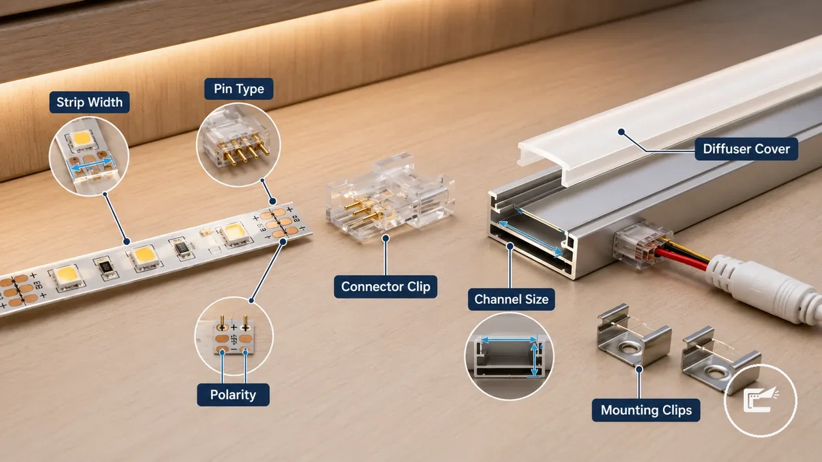 Points d’adéquation des connecteurs de ruban LED et des canaux en aluminium pour l’éclairage de placards