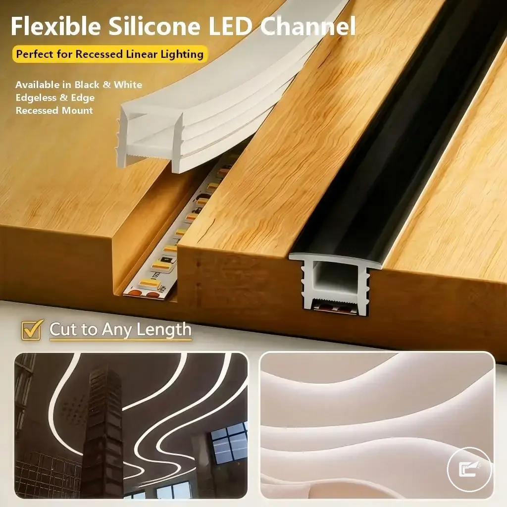 Perfil de canal LED flexível em silicone com difusor para iluminação embutida com fita