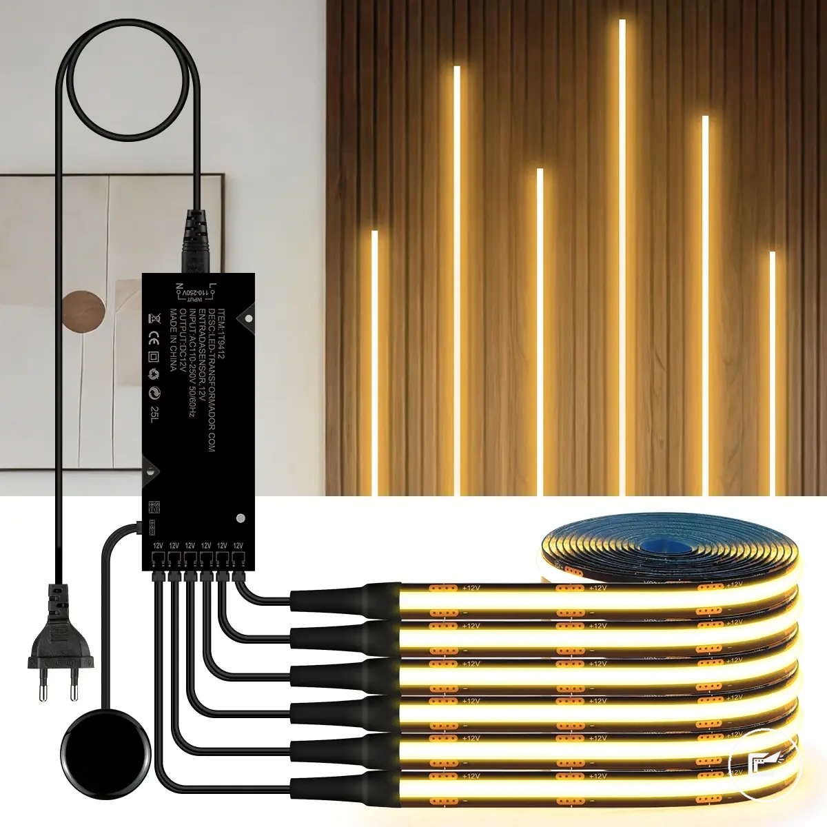 Fita LED COB com PCB preto e controle touch dimerizável para painel de parede e decoração de armários