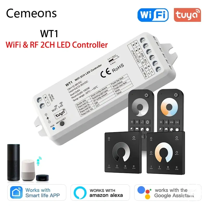 Controlador dimmer LED Tuya WiFi para configurações de fitas LED CCT 12V, 24V e 36V