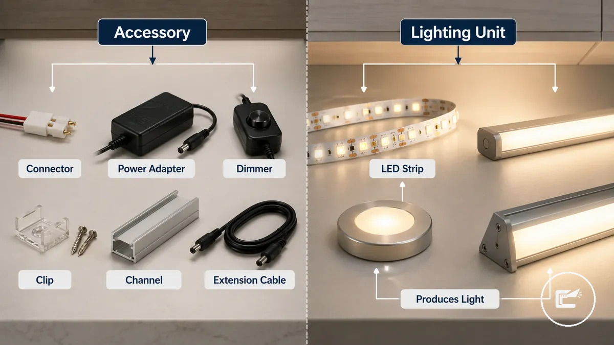 Peças acessórias comparadas com fitas de LED e unidades de iluminação de armários