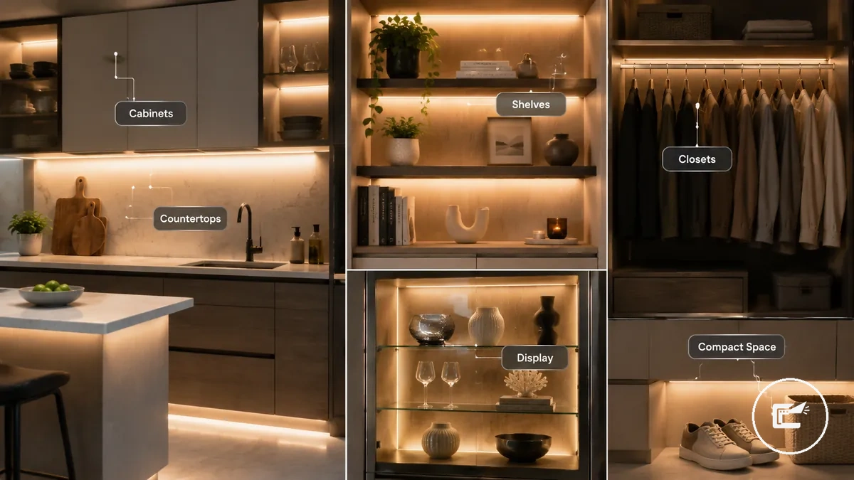 Principais áreas internas para fitas de LED e iluminação de armários em armários de cozinha, prateleiras, closets, guarda-roupas e vitrines