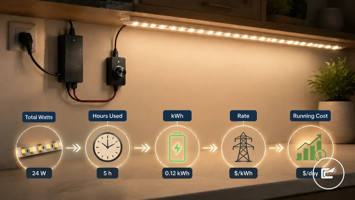 Diagrama para calcular o custo de eletricidade para fitas de LED usando watts, horas, kWh e tarifa de eletricidade