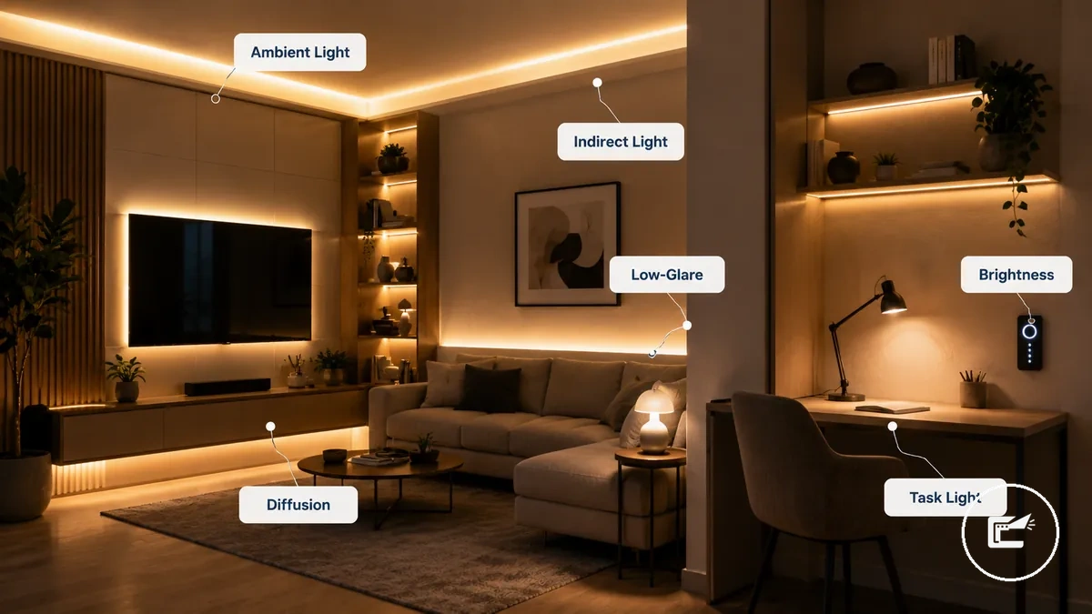 Iluminação indireta com fitas de LED e armários criando luz ambiente interna ao longo das bordas do cômodo