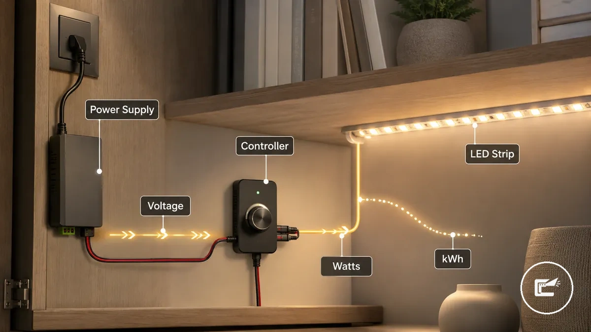 Diagrama mostrando como as fitas de LED usam eletricidade na iluminação de armários através de uma fonte de alimentação, controlador e fita de LED