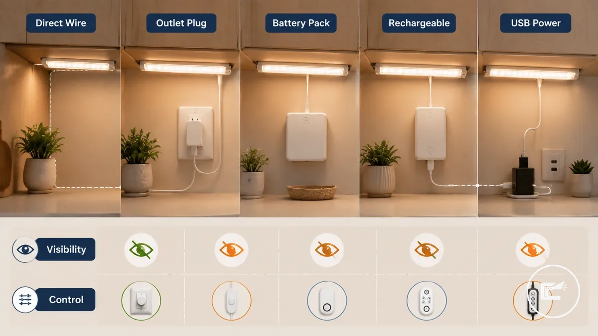Métodos de alimentação para iluminação LED de armário mostrando diferenças entre fiação direta, plug-in, bateria, recarregável e USB