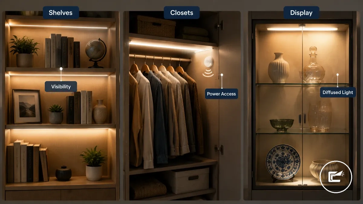 Exemplos de iluminação com fitas de LED em prateleiras, closets e vitrines organizados por espaço pequeno de armazenamento