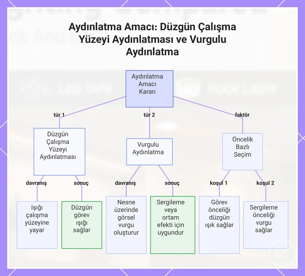 Tekdüzen çalışma yüzeyi aydınlatması ve vurgulu aydınlatmanın karşılaştırması