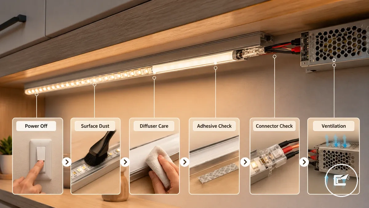 LED şerit ve dolap aydınlatma aksesuarları için adım adım bakım sırası