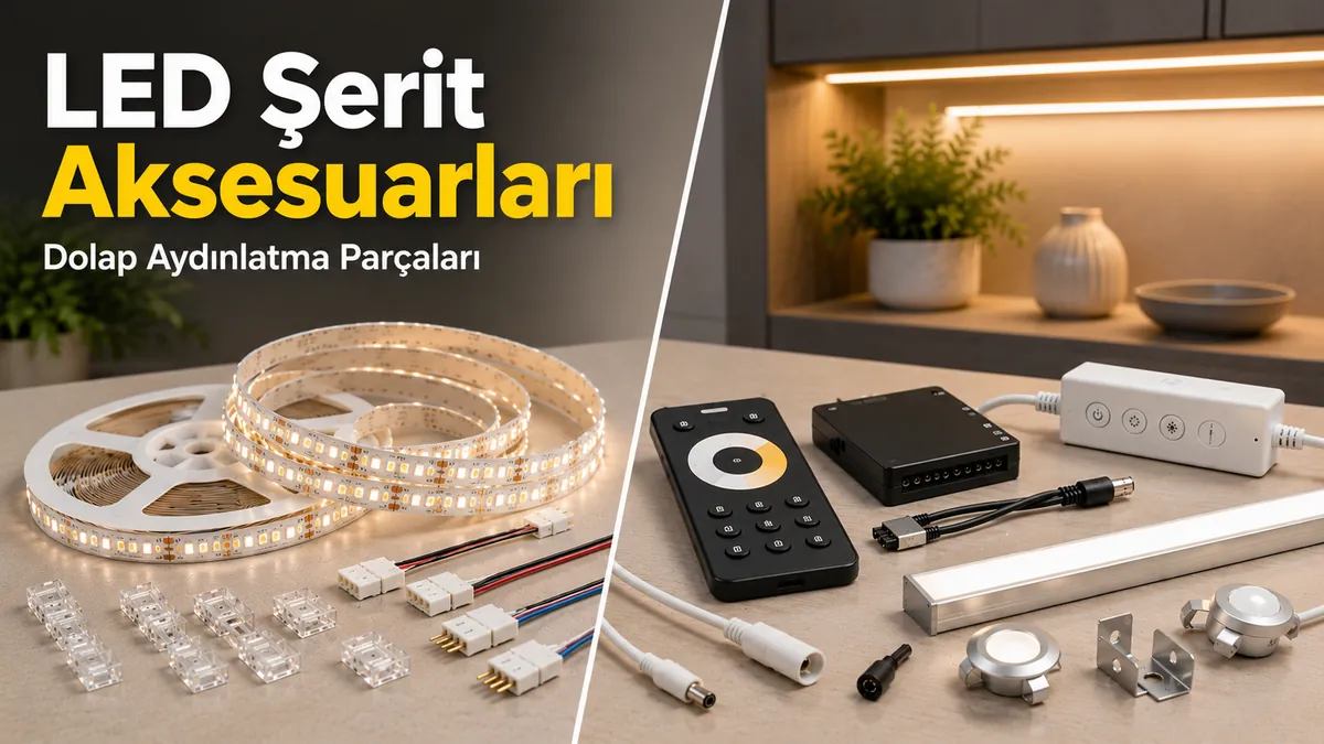 LED şerit ve dolap aydınlatma aksesuarları; şeritler, konektörler, kontrolcüler ve aydınlatma parçalarıyla birlikte