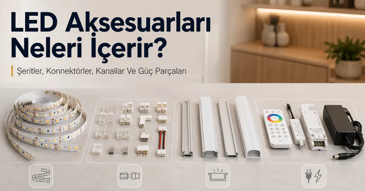 LED şerit ve dolap aydınlatma aksesuarları arasında şeritler, konnektörler, kanallar, kontrolörler ve güç parçaları